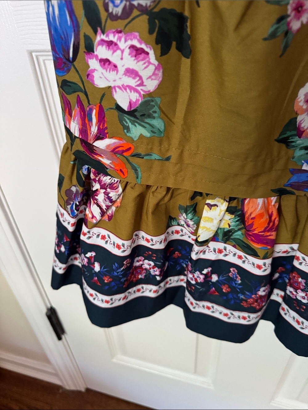 Anthropologie Olive Green Floral Ruffled Hem Dress - Picture 6 of 6